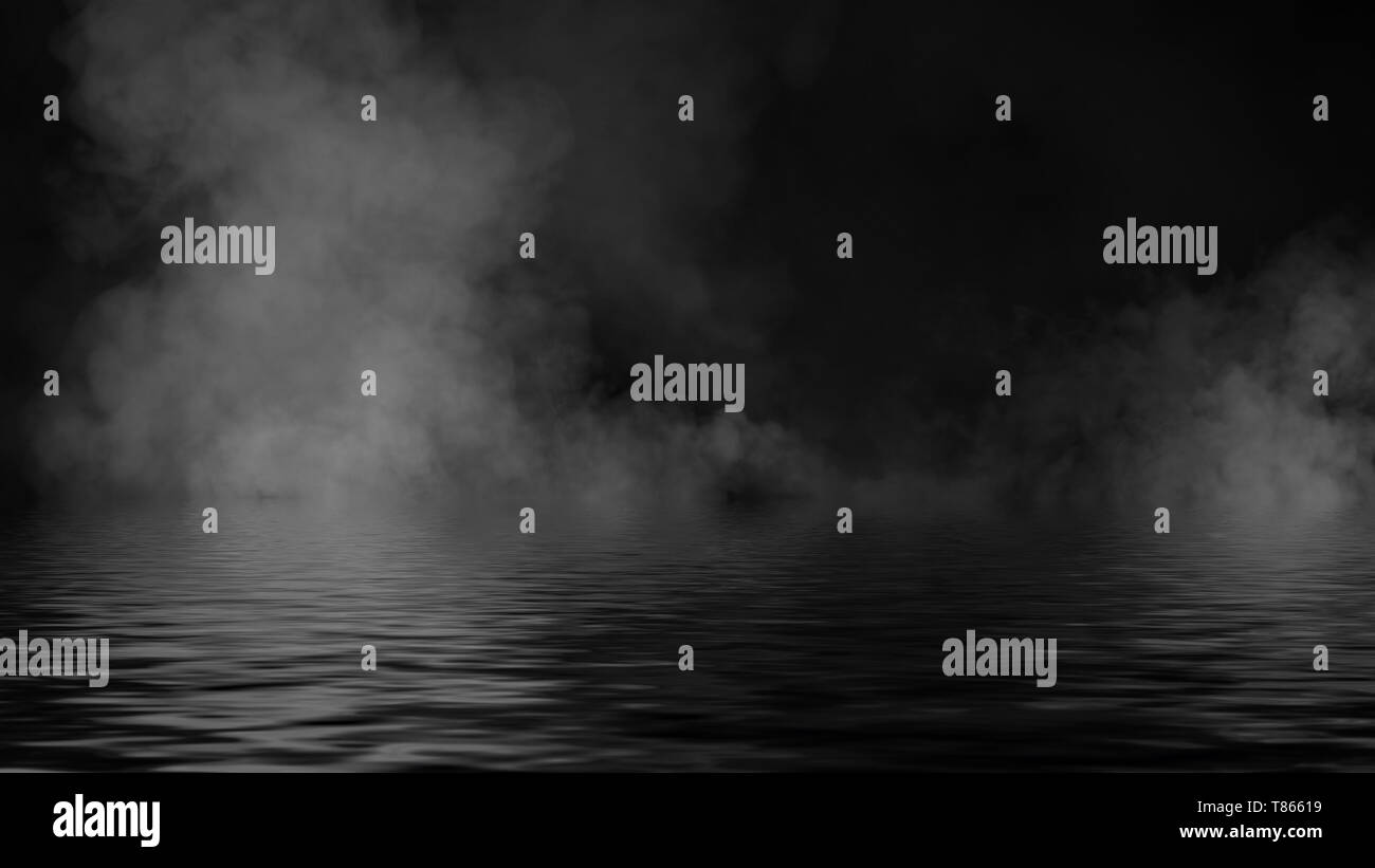 Smoke with reflection in water. Mistery fog texture background Stock Photo