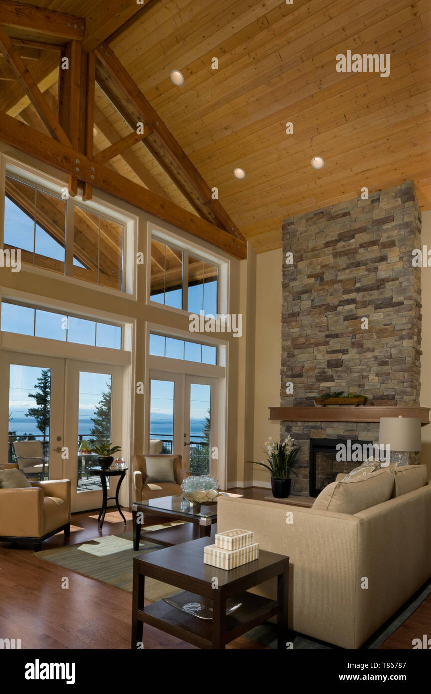 Living Room With Cathedral Ceiling Stock Photo 245999831