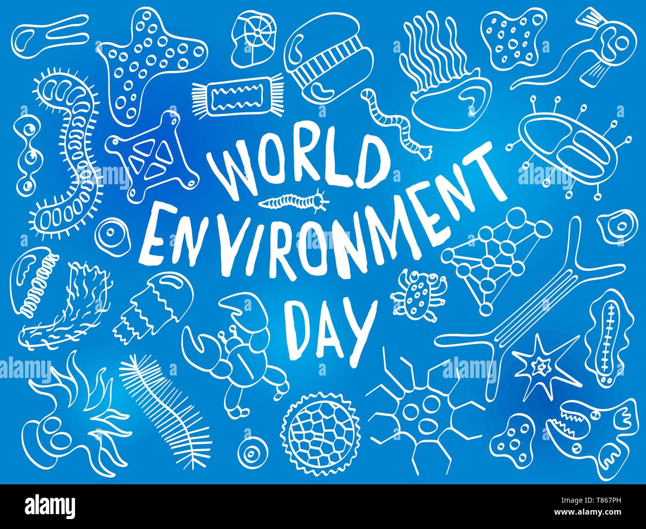 World environment day doodle. Various microorganisms background pattern. Backdrop with infectious germs, protists, microbes, disease causing bacteria, Stock Vector