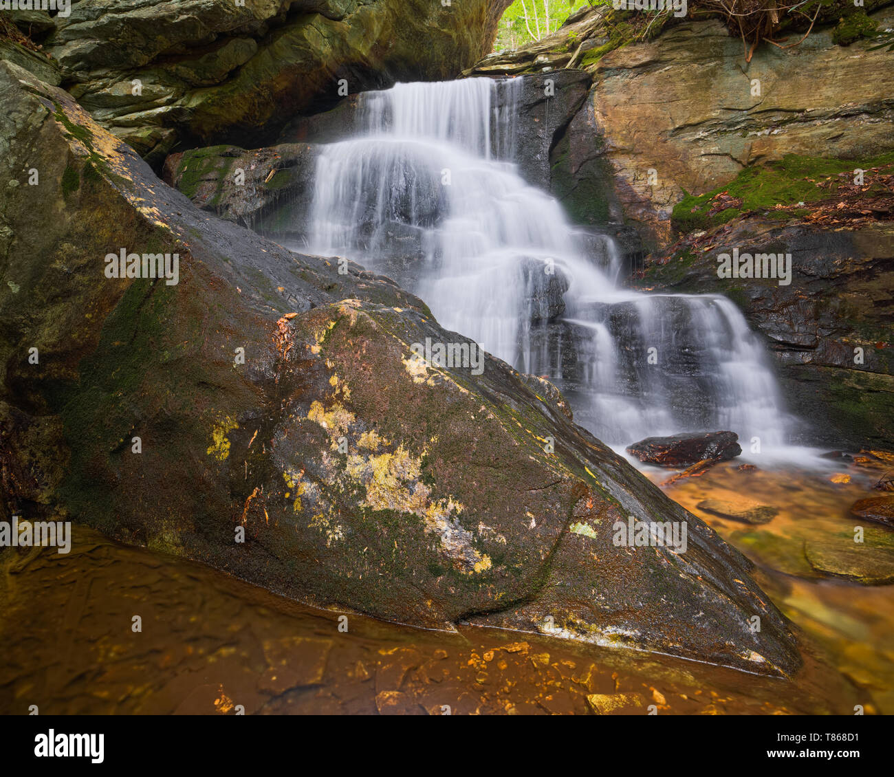 Base of Upper Cascade waterfall in Hanging Rock State Park, North Carolina, Scenic nature landscape photograph. Stock Photo