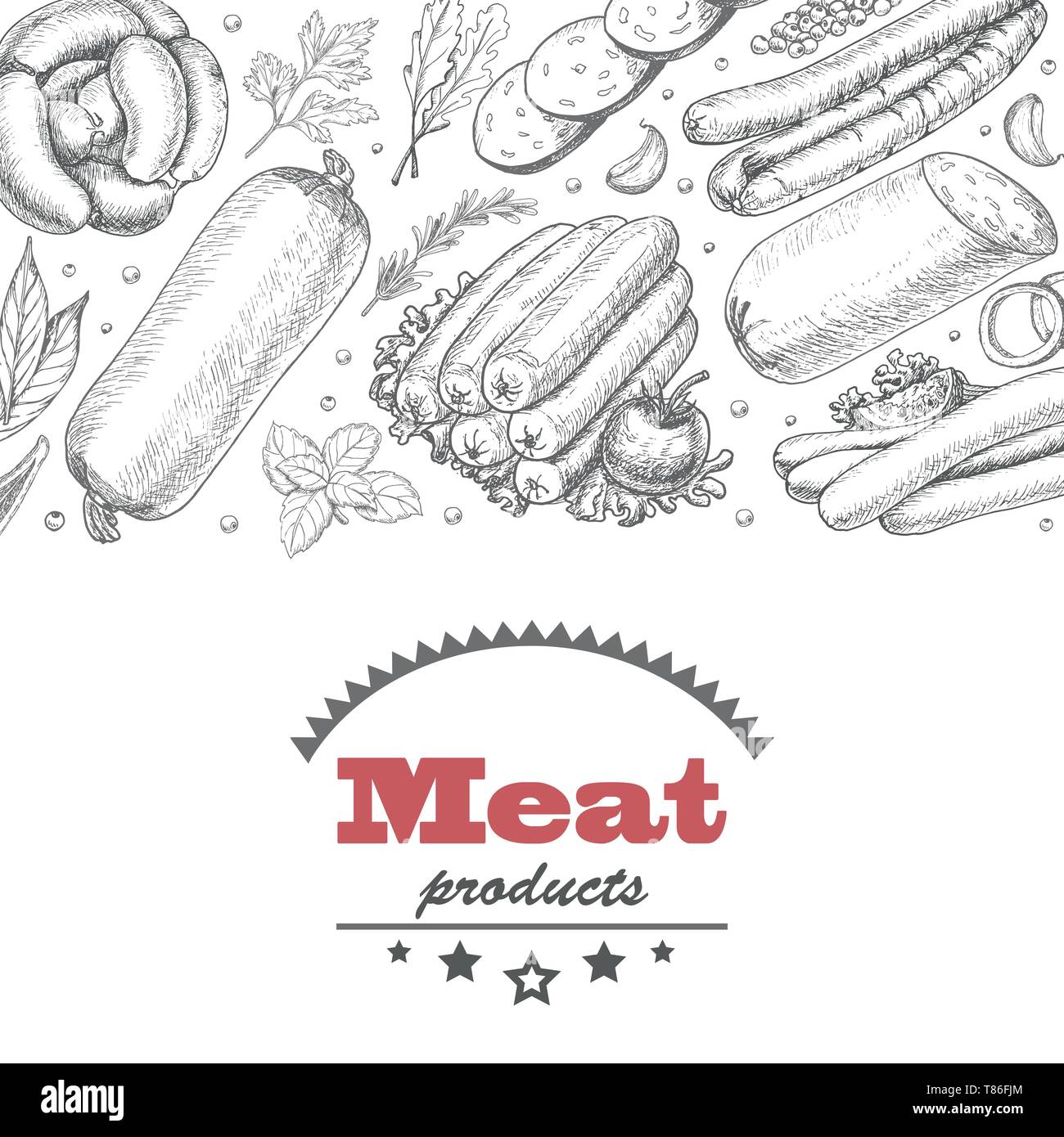 Horizontal vector background with meat products. Vector illustration
