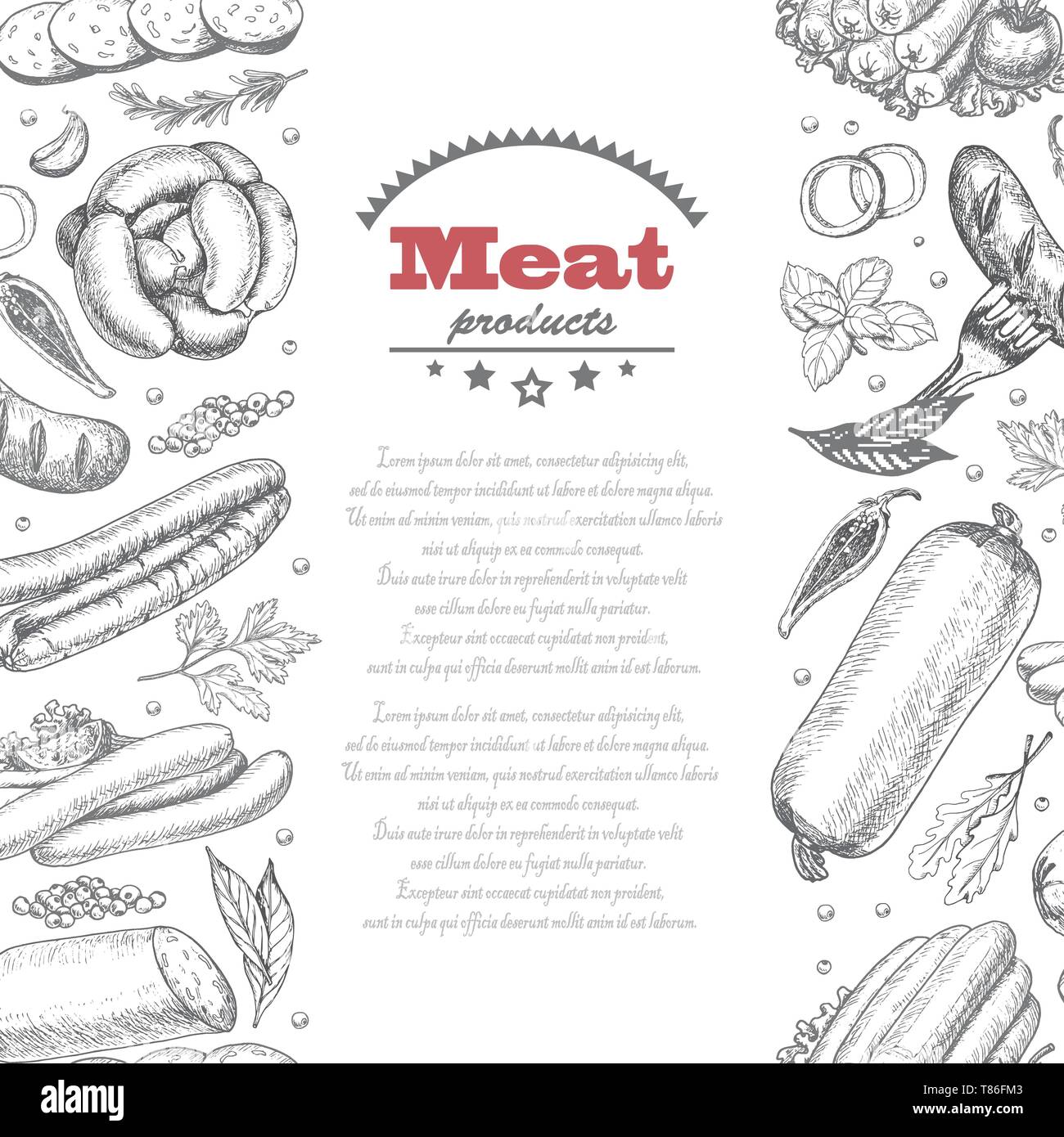 Vertical seamless vector background with meat products. Vector