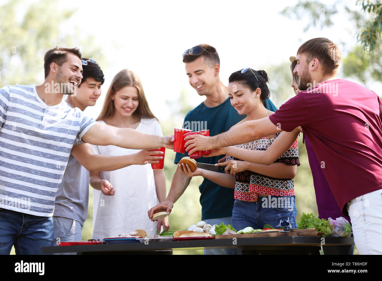 Young people having barbecue party in park Stock Photo - Alamy