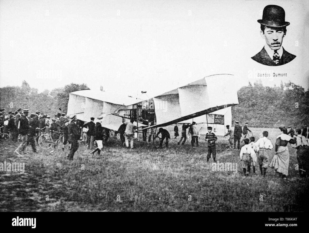 The 14 bis canard biplane aeroplane, made and flown by Albert Santos Dumont in France in 1906. The 14-bis performed the first powered flight made anywhere outside of the United States. Stock Photo