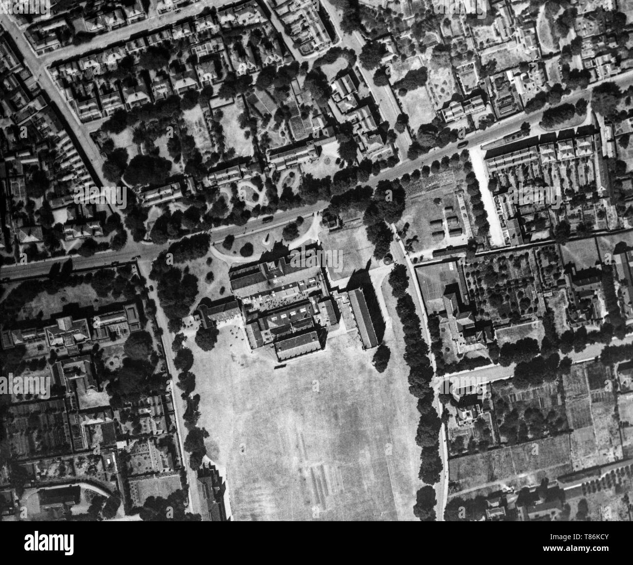 A black and white aerial photograph taken on 21st June 1921 showing Cheltenham College, and the surrounding area, in Gloucestershire, England. Stock Photo