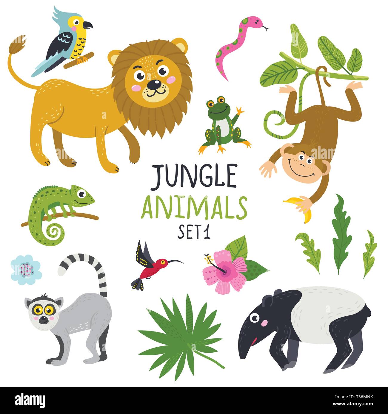 Vector set of cute jungle animals and plants. Tropical animals PNG clipart.  Elements for stickers, cards, invitations and posters.