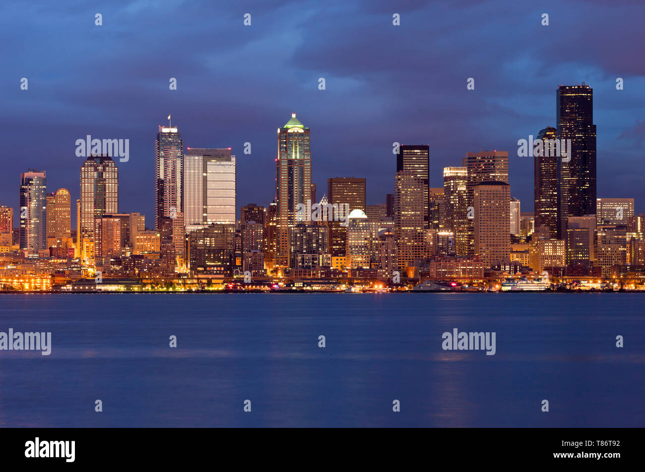 Seattle Skyline from the Water at Night Stock Photo - Alamy
