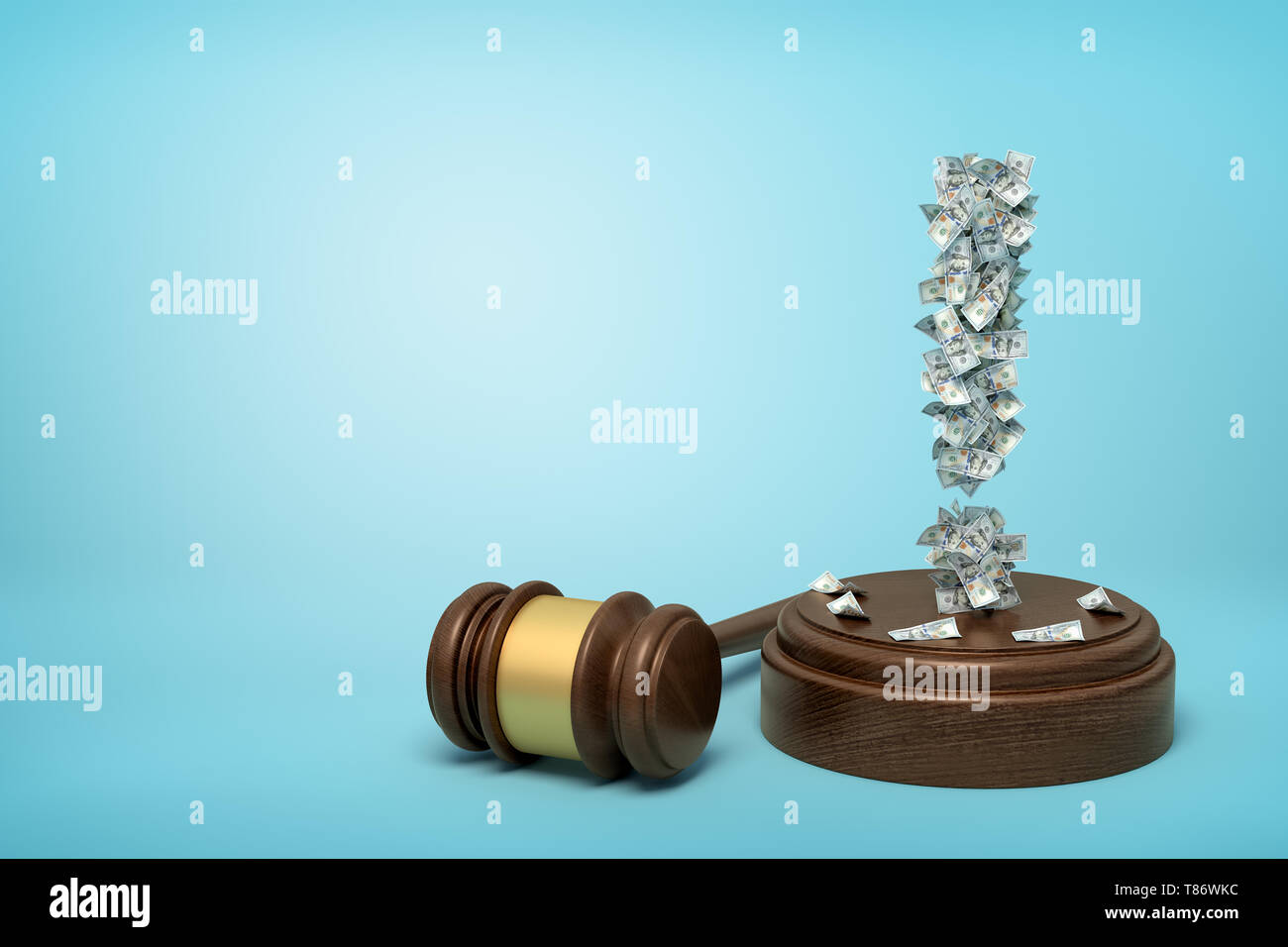 3d rendering of exclamation mark formed with dollar banknotes standing on sounding block with gavel beside on blue background with copy space. Stock Photo