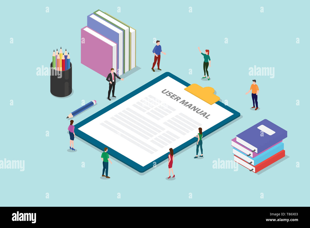 user manual book concept with people and some guide on the clipboard ...