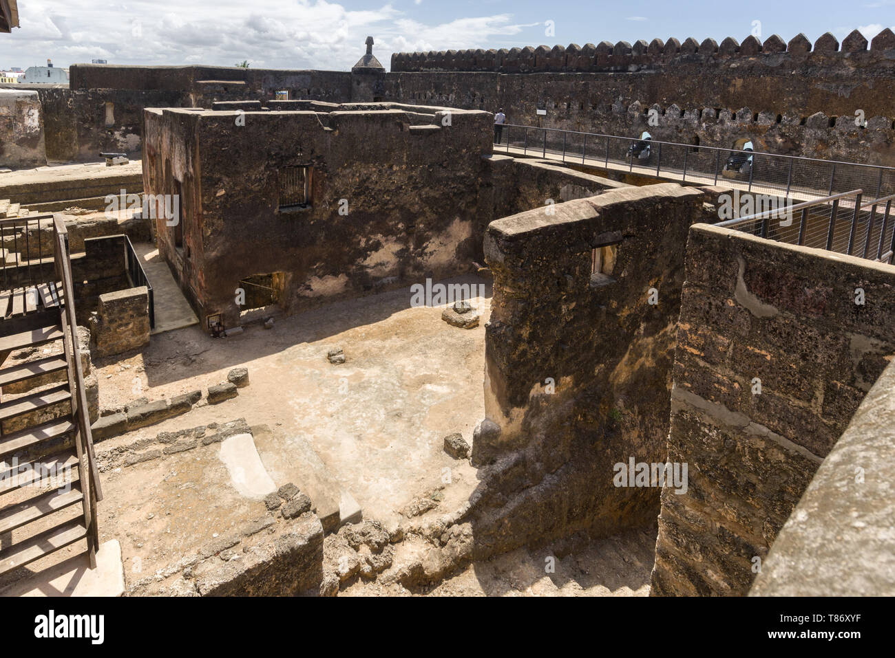 View of the Passage of the Steps, Captains House and gun platform, Fort Jesus, Mombasa, Kenya Stock Photo