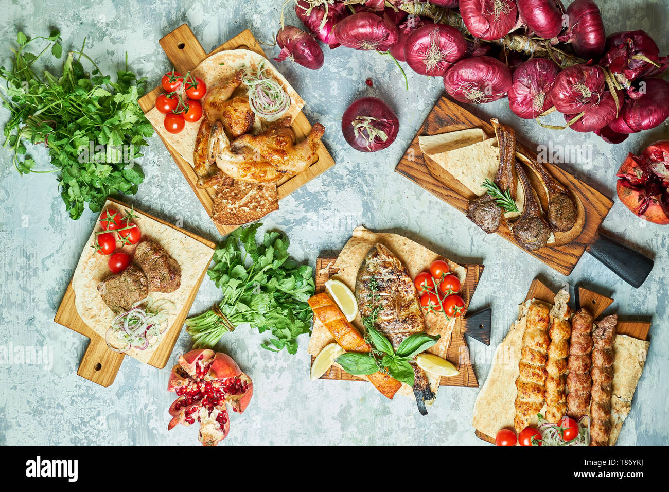 Plates of meat with barbecue Stock Photo Alamy