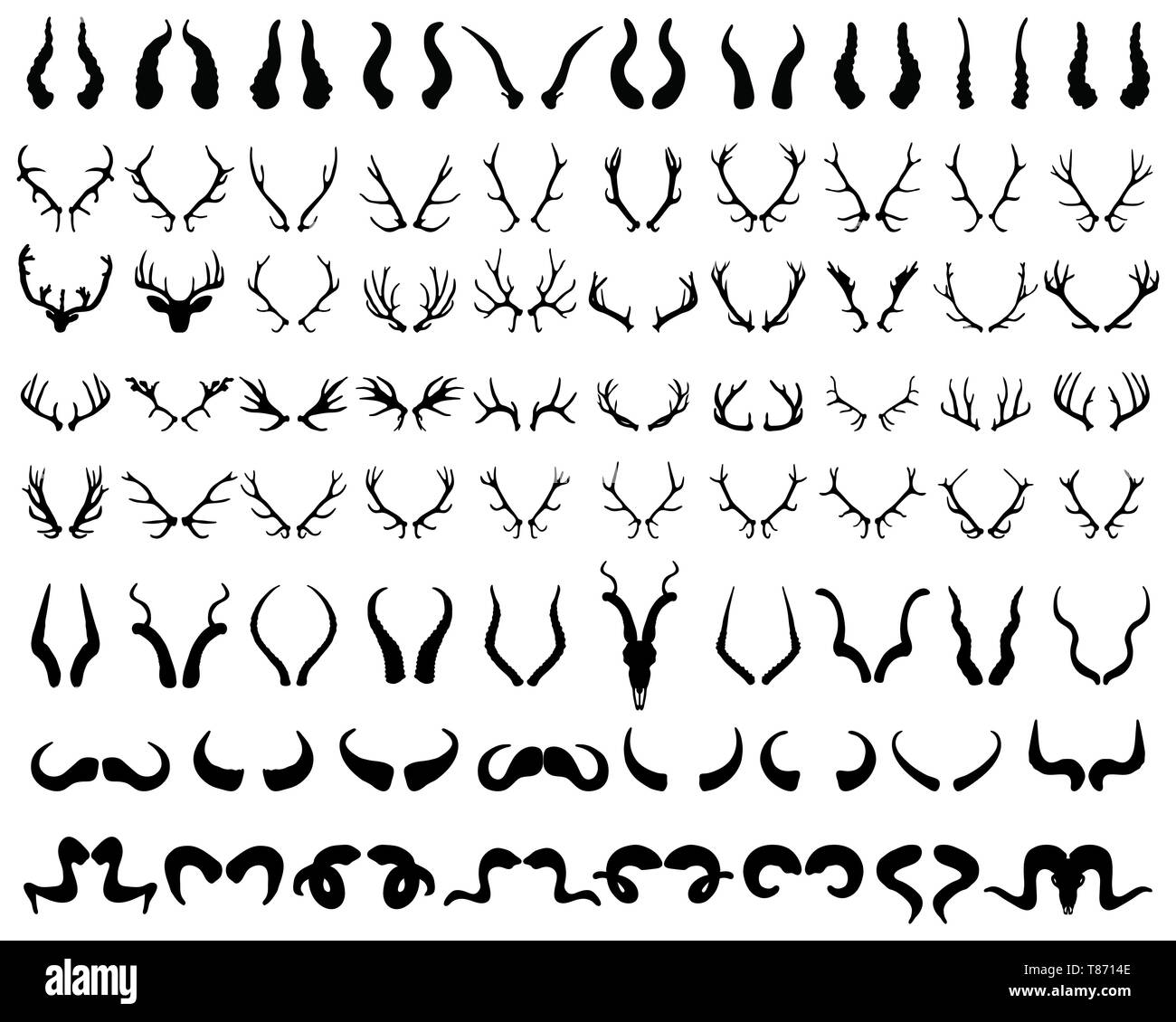 Set of black silhouettes of different horns on a white background Stock Photo