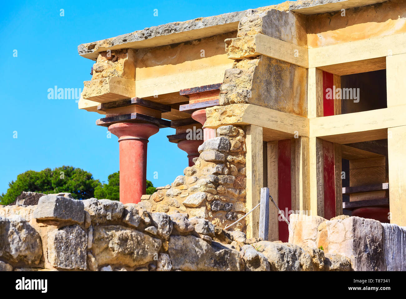 Knossos, Crete landmark, ruins of Minoan Palace with red columns, Greece Stock Photo
