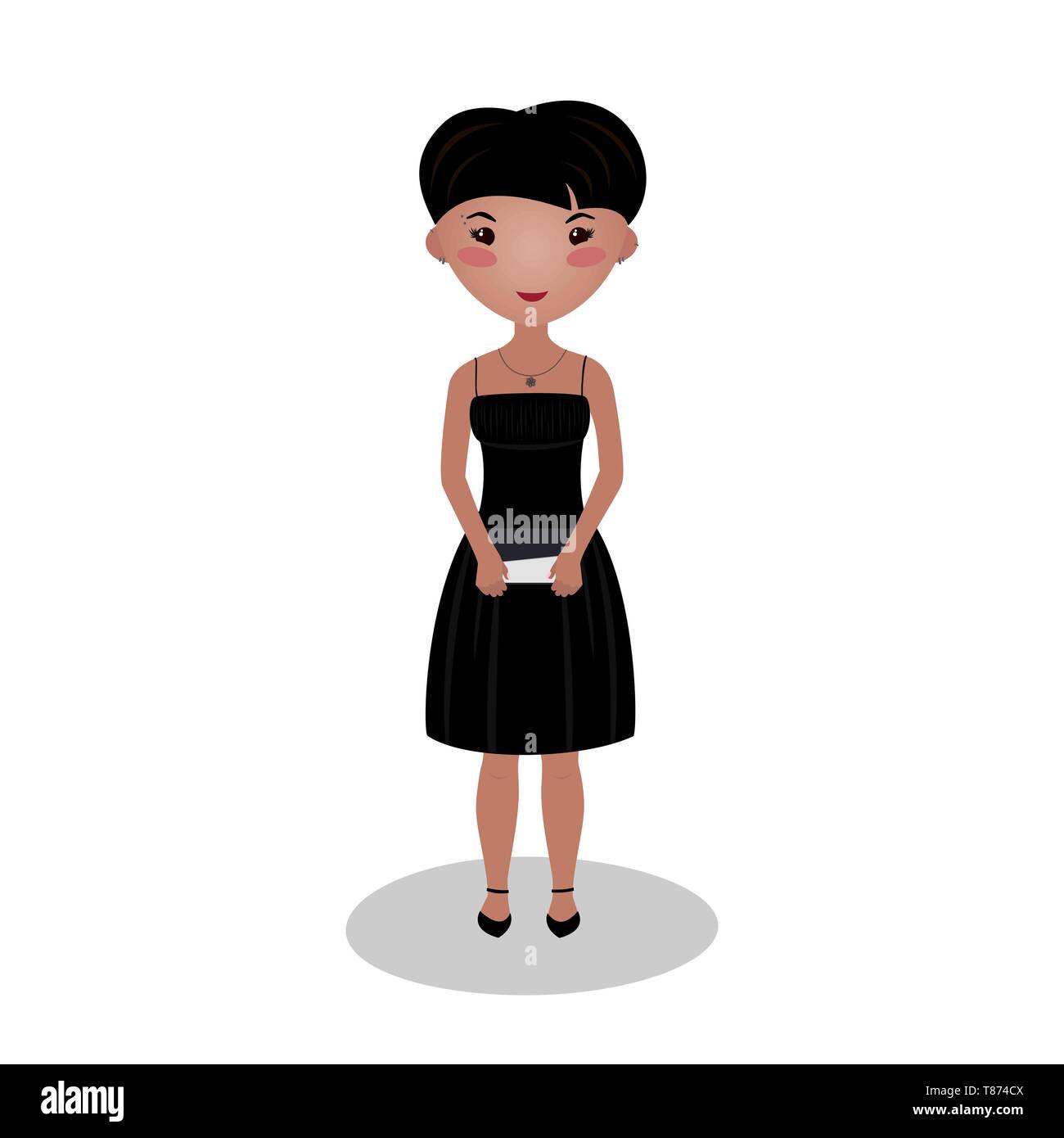 Young girl wearing a little black dress. Evening outfit. Short haircut and piercing. Sleeveless off-the-shoulder knee length gown. Caucasian ethnicity Stock Vector