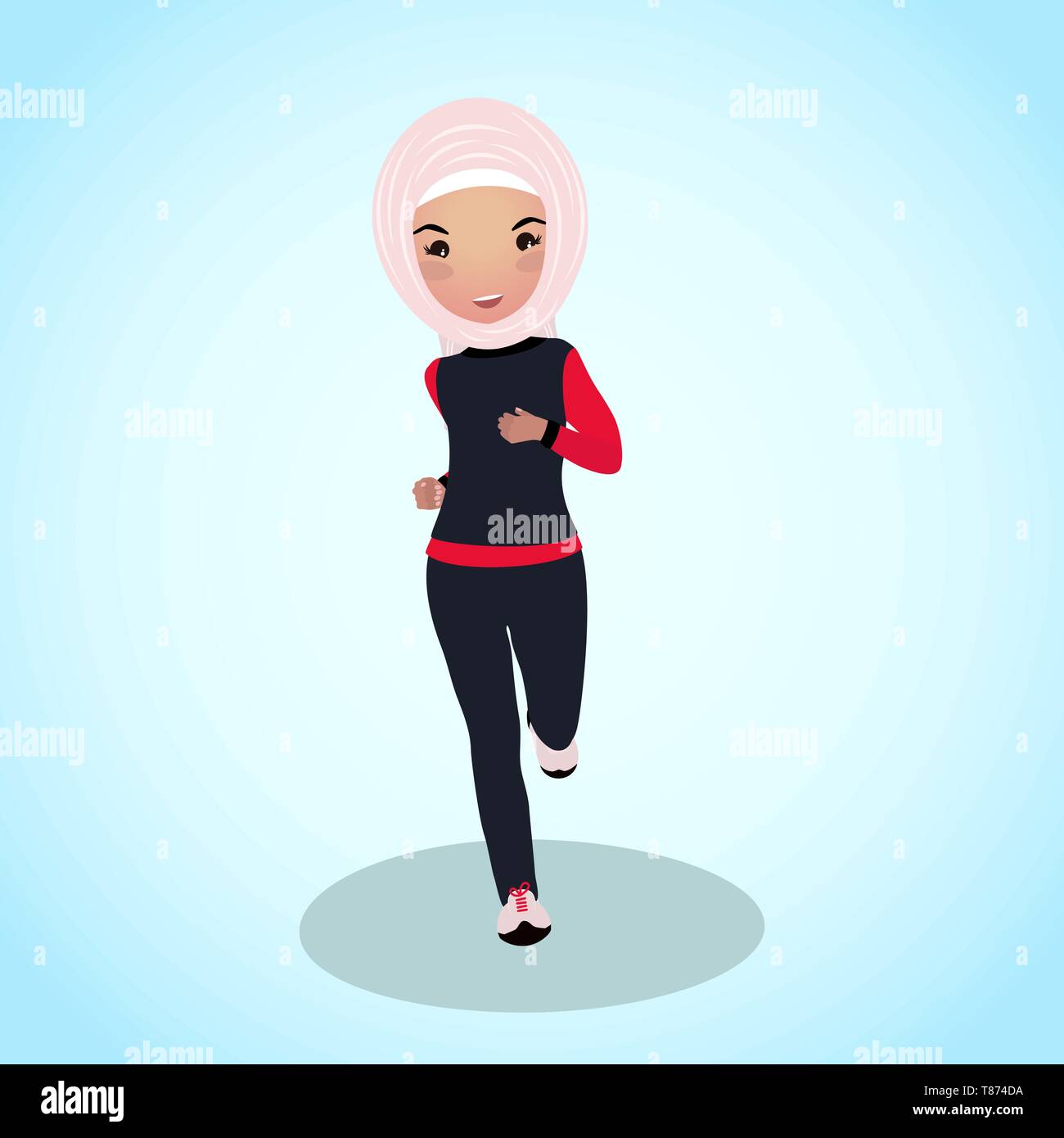 Young girl in abaya tracksuit. Early morning run. Workout outfit. The saudi-made running suit. Beautiful muslim woman in traditional sport clothes. Stock Vector