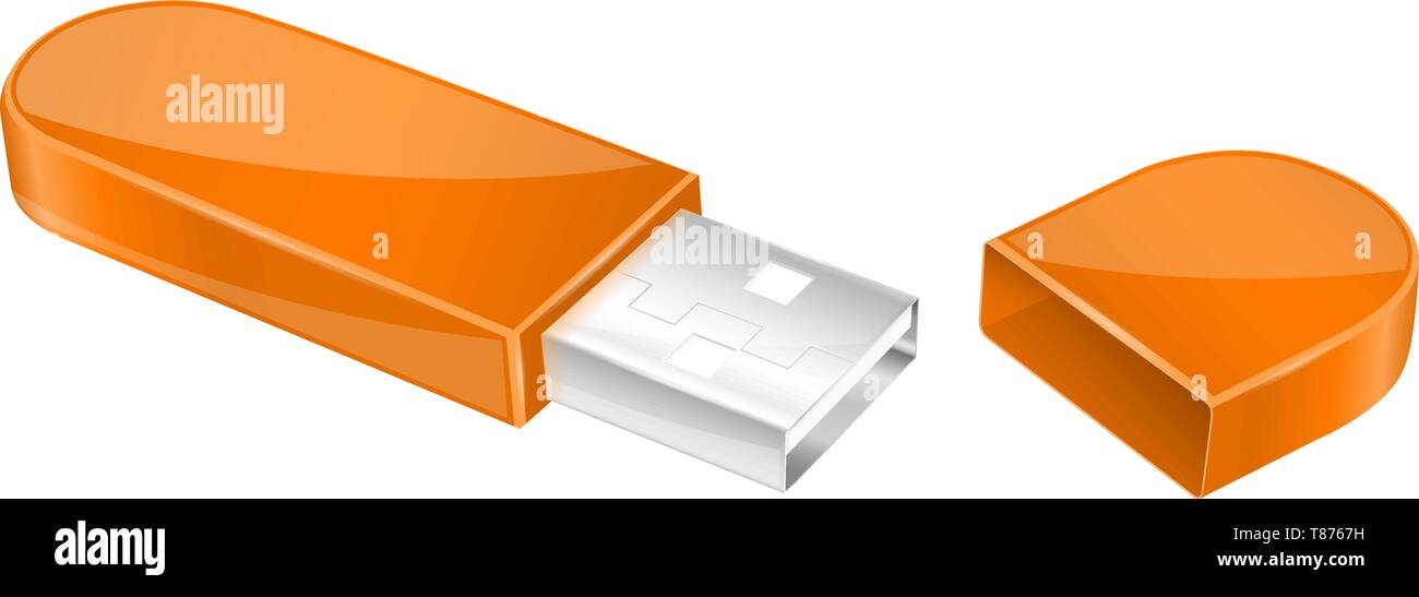 USB flash drive with cap. Orange memory stick Stock Vector