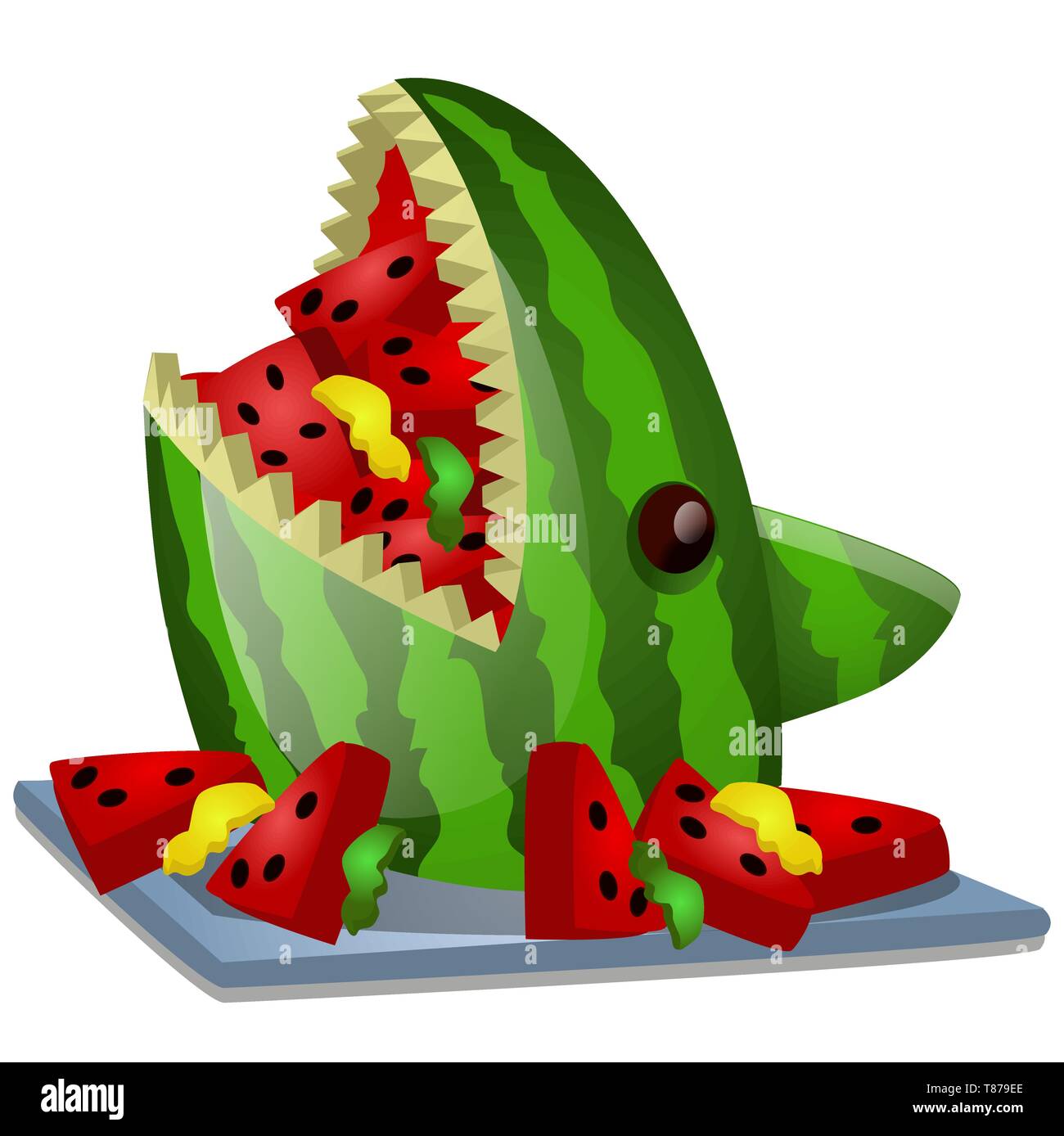 Ripe watermelon cut in the shape of a shark head isolated on white background. Vector cartoon close-up illustration. Stock Vector