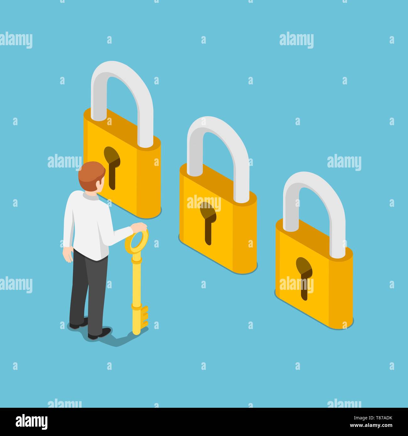 Flat 3d isometric businessman holding golden key and thinking in front ...