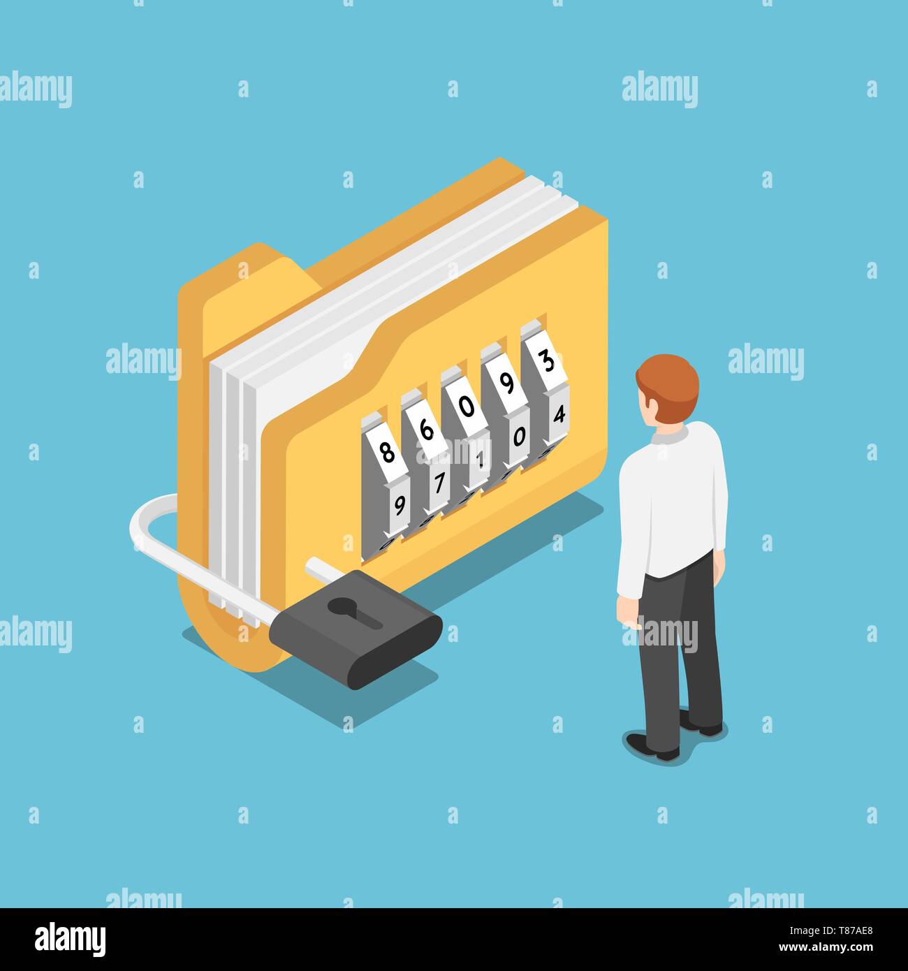 Flat 3d isometric businessman standing with folder with lock. Data security concept. Stock Vector