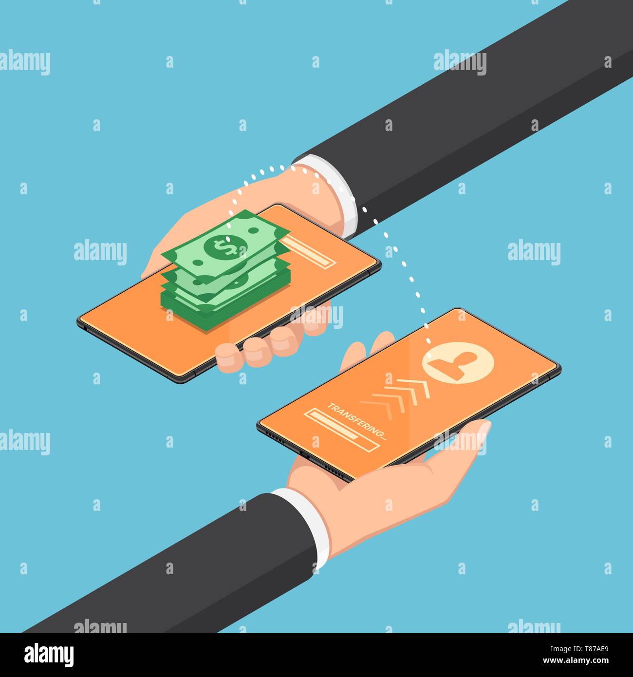 Flat 3d isometric businessman transfering money through online banking ...