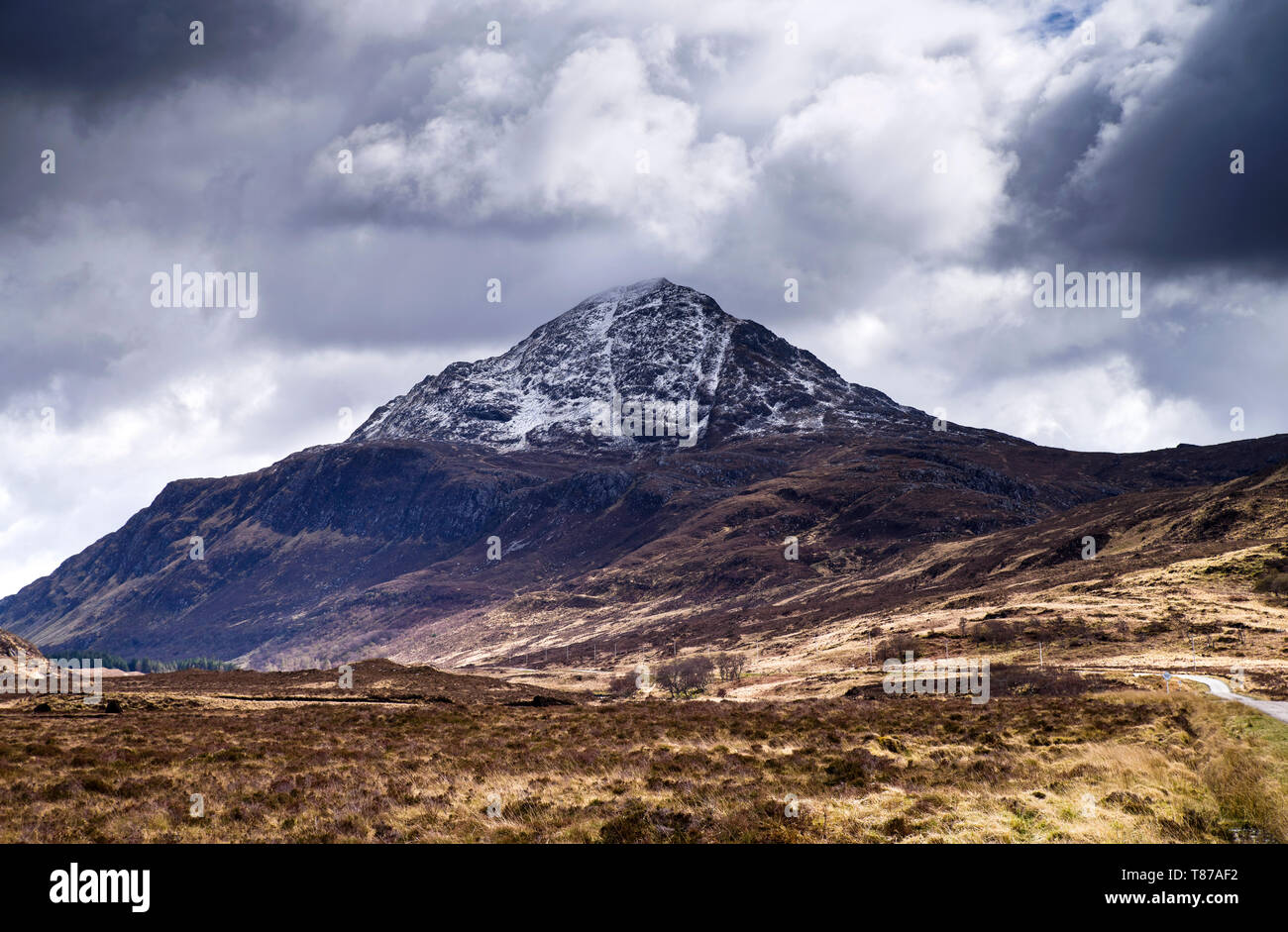 View of Ben Stack from rough moorland by A838, stormy weather, snow on summit, Sutherland, Scottish Highlands UK. Stock Photo