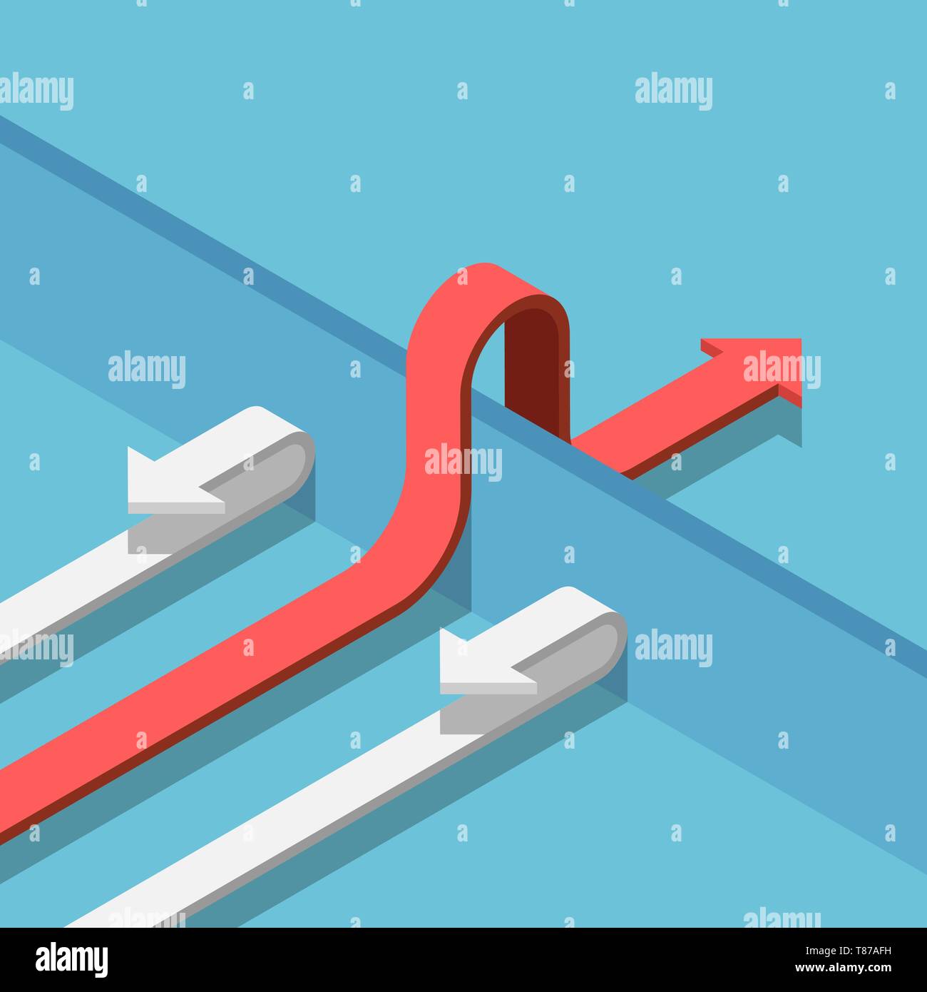 Flat 3d isometric red arrow find a way to cross the wall to success ...