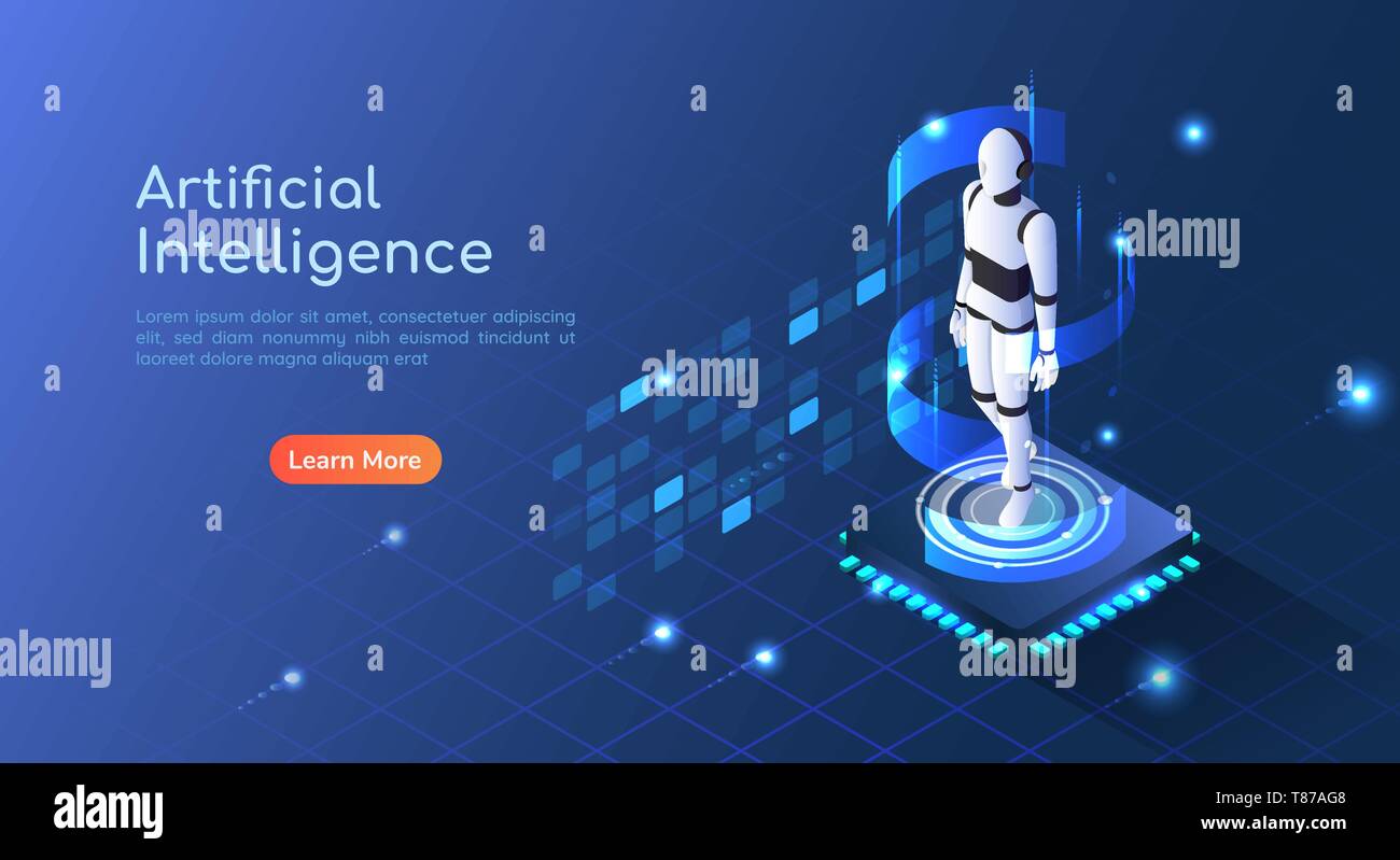 3d isometric web banner Ai Robot floating on computer chip circuit board. Artificial Intelligence and machine learning concept landing page. Stock Vector