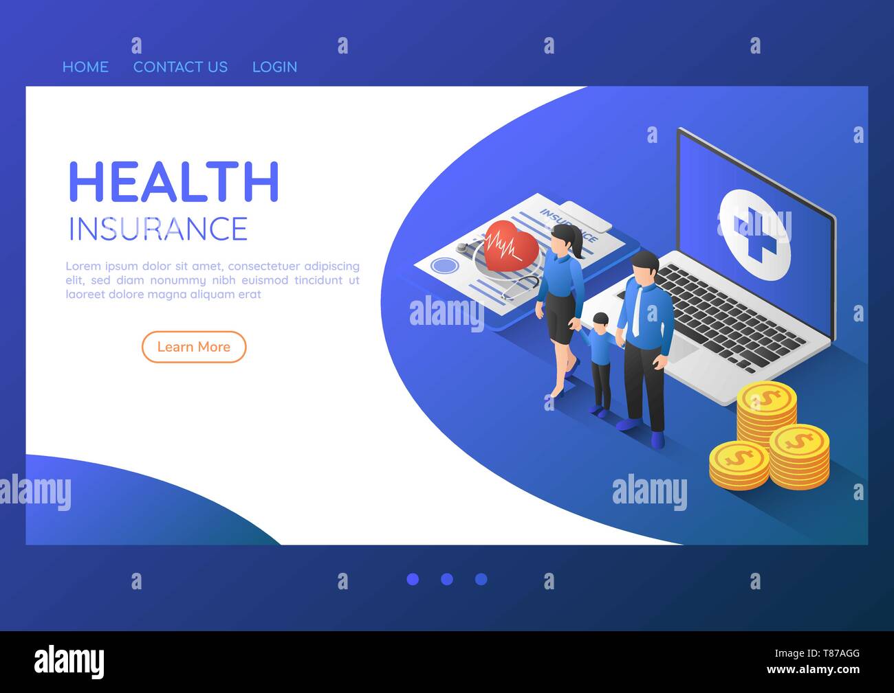 3d Isometric Web Banner Family Standing With Stethoscope On Health
