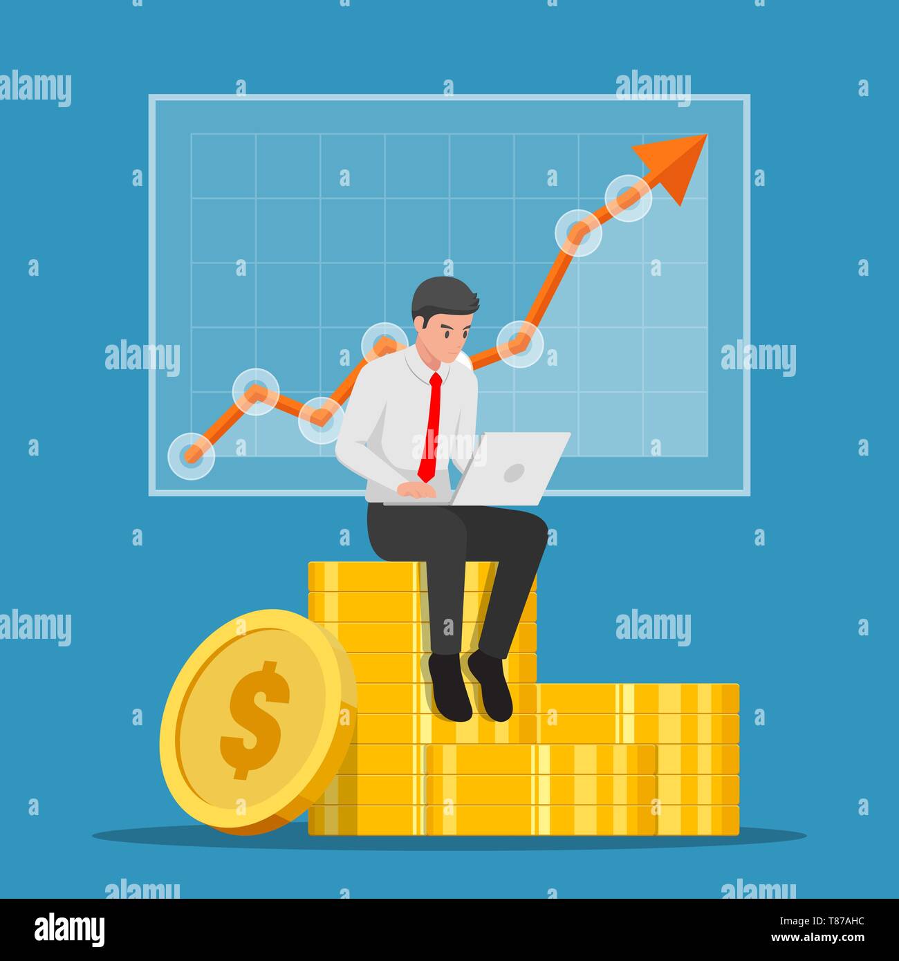 Businessman sitting on coin stack with laptop and stock market graph. Stock market investment and business analysis concept. Stock Vector