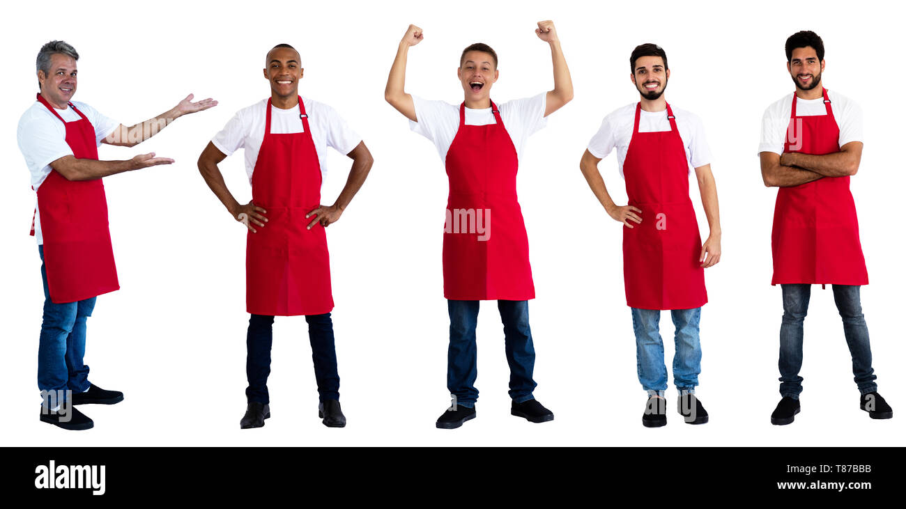 Group of 5 latin and caucasian and african american waiters on an isolated white background for cut out Stock Photo