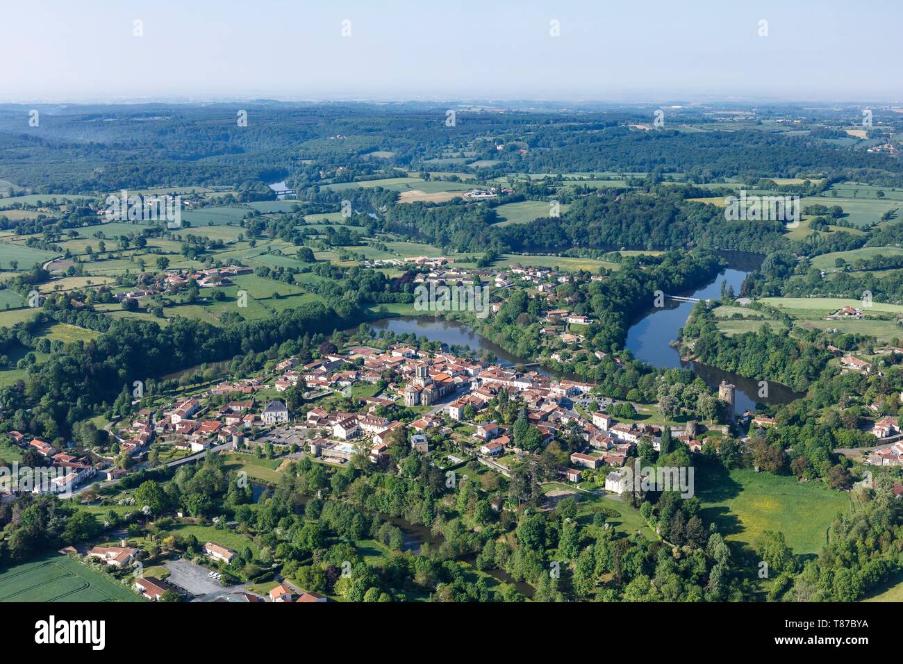 France, Vendee, Vouvant, labelled Les Plus Beaux Villages de France (The Most Beautiful Villages of France) (aerial view) Stock Photo