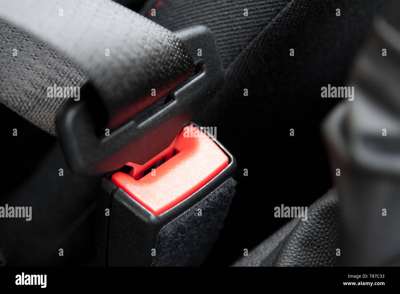 A car seat belt securely fastened for safety. Stock Photo
