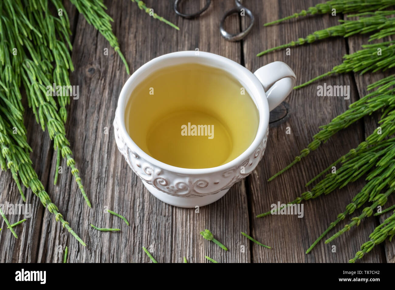 A cup of horsetail tea with fresh Equisetum arvense plant on a rustic background Stock Photo