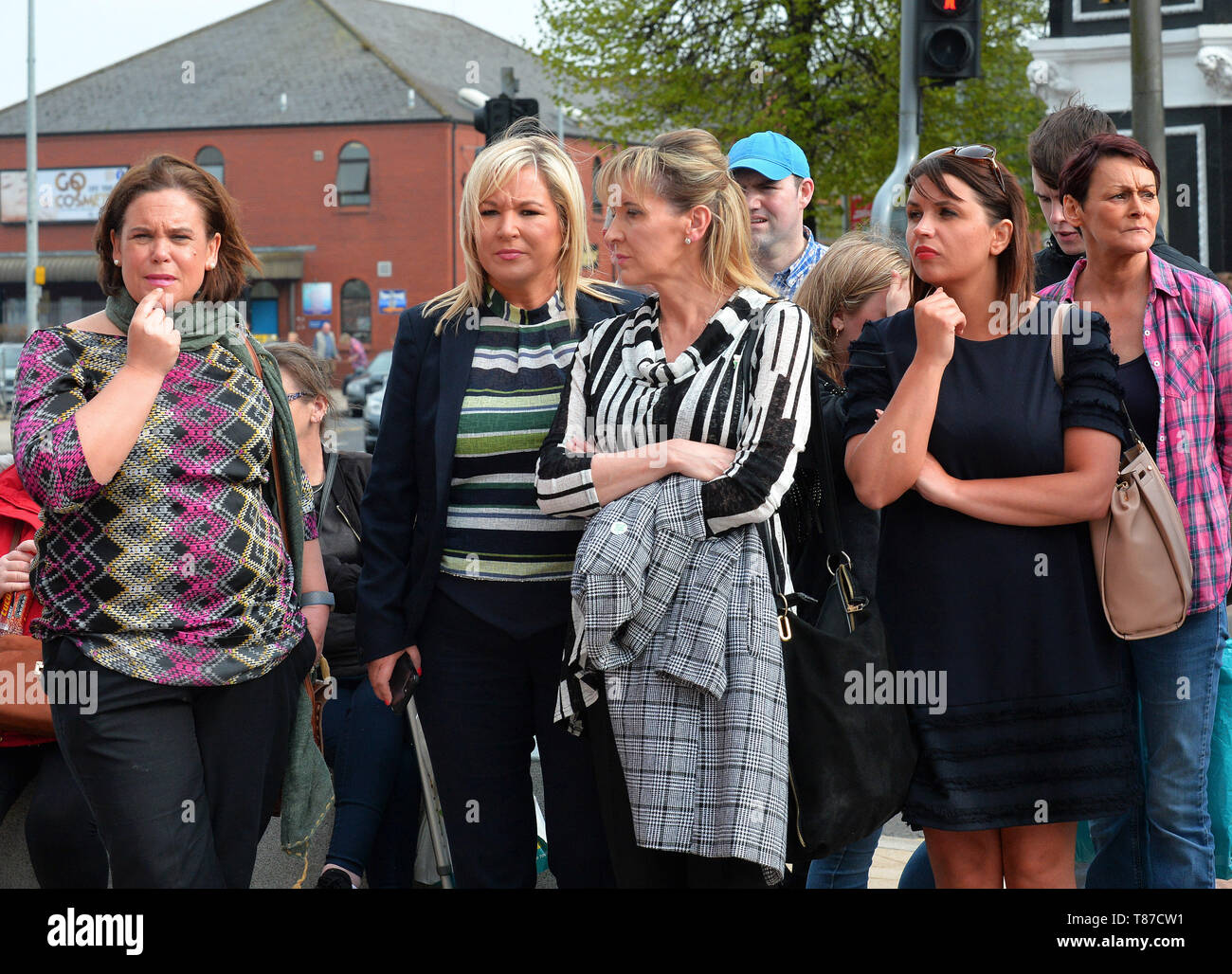 Sinn Fein leaders Mary Lou McDonald TD, Michelle O'Neill MLA, Martina Anderson MEP and Elisha McCallion MP attend a NUJ organised vigil, in Guildhall Square, Derry, for murdered journalist Lyra McKee. ©George Sweeney / Alamy Stock Photo