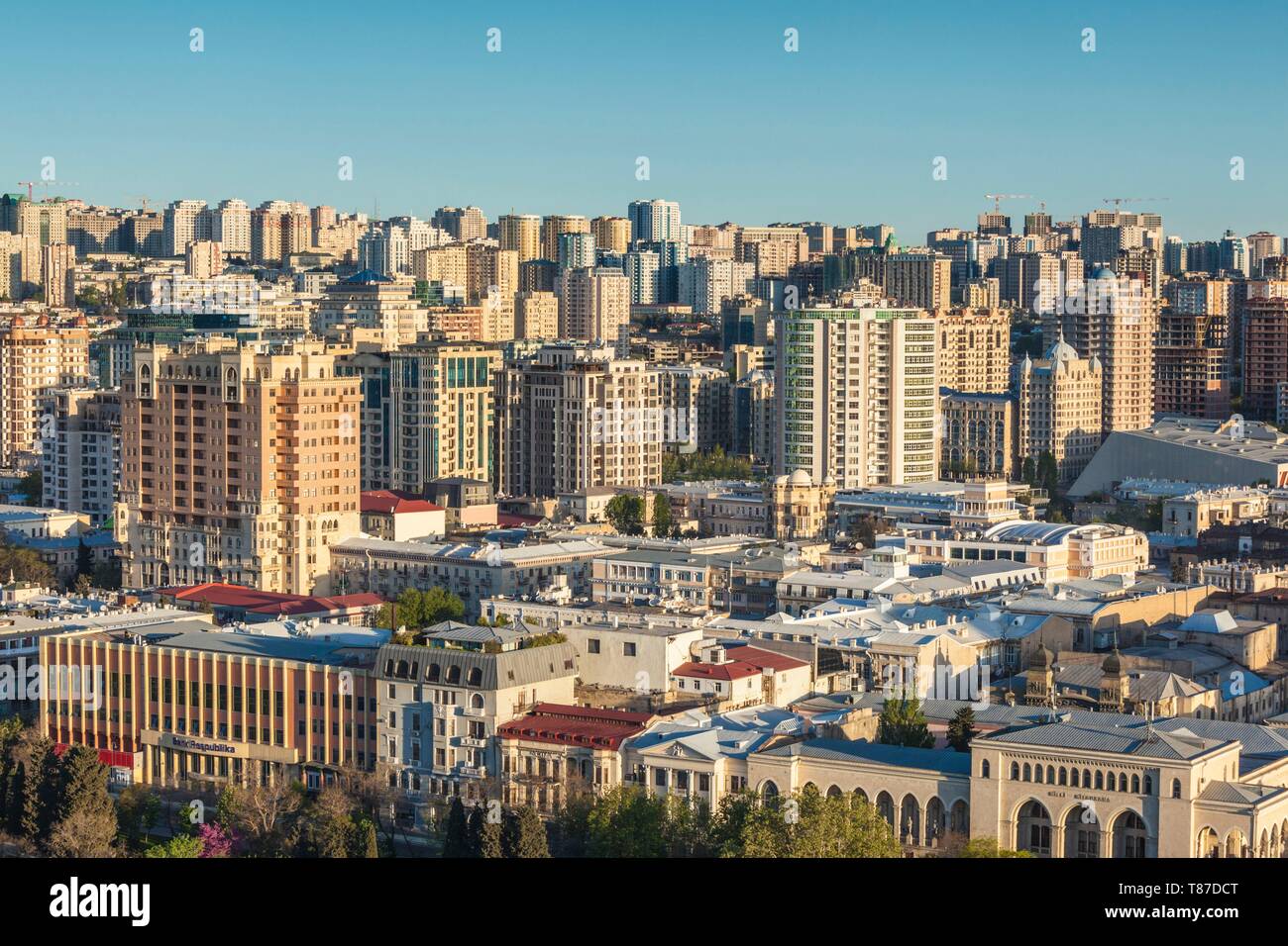 Azerbaijan, Baku, high angle city skyline of central Baku, dawn Stock Photo