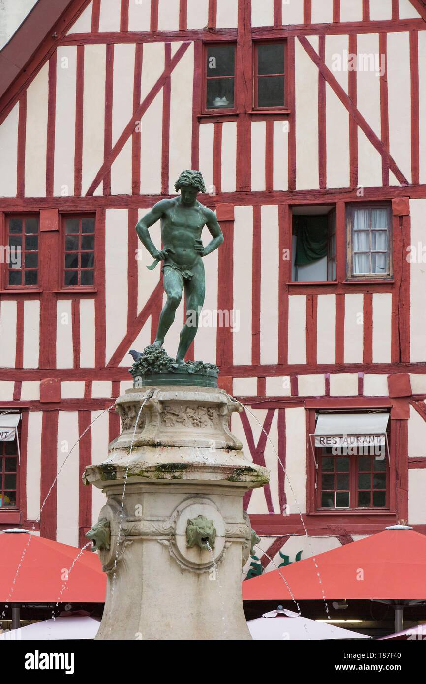 France, Cote d'Or, cultural landscape of Burgundy climates listed as World Heritage by UNESCO, statue of the Vendangeur (The Grape picker) on Place Francois Rude (Francois Rude square) also named Place du Bareuzai (Bareuzai square) Stock Photo