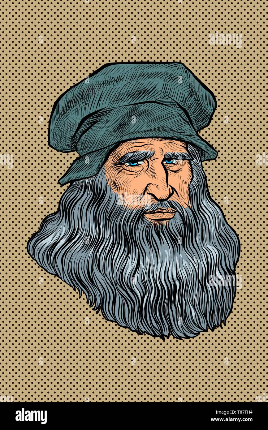 Leonardo da Vinci, Italian painter, inventor and sculptor. Comic cartoon pop art retro drawing illustration Stock Vector