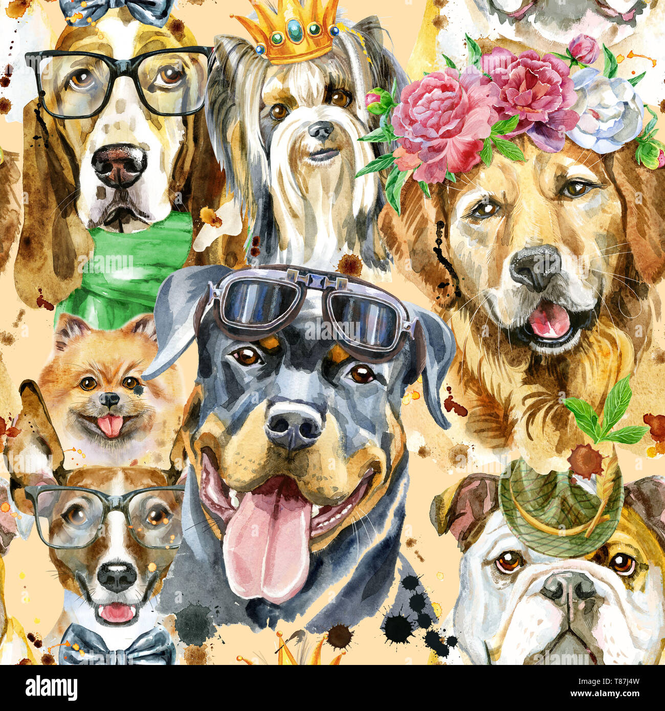 Watercolor seamless pattern of dogs on white background Stock Photo - Alamy