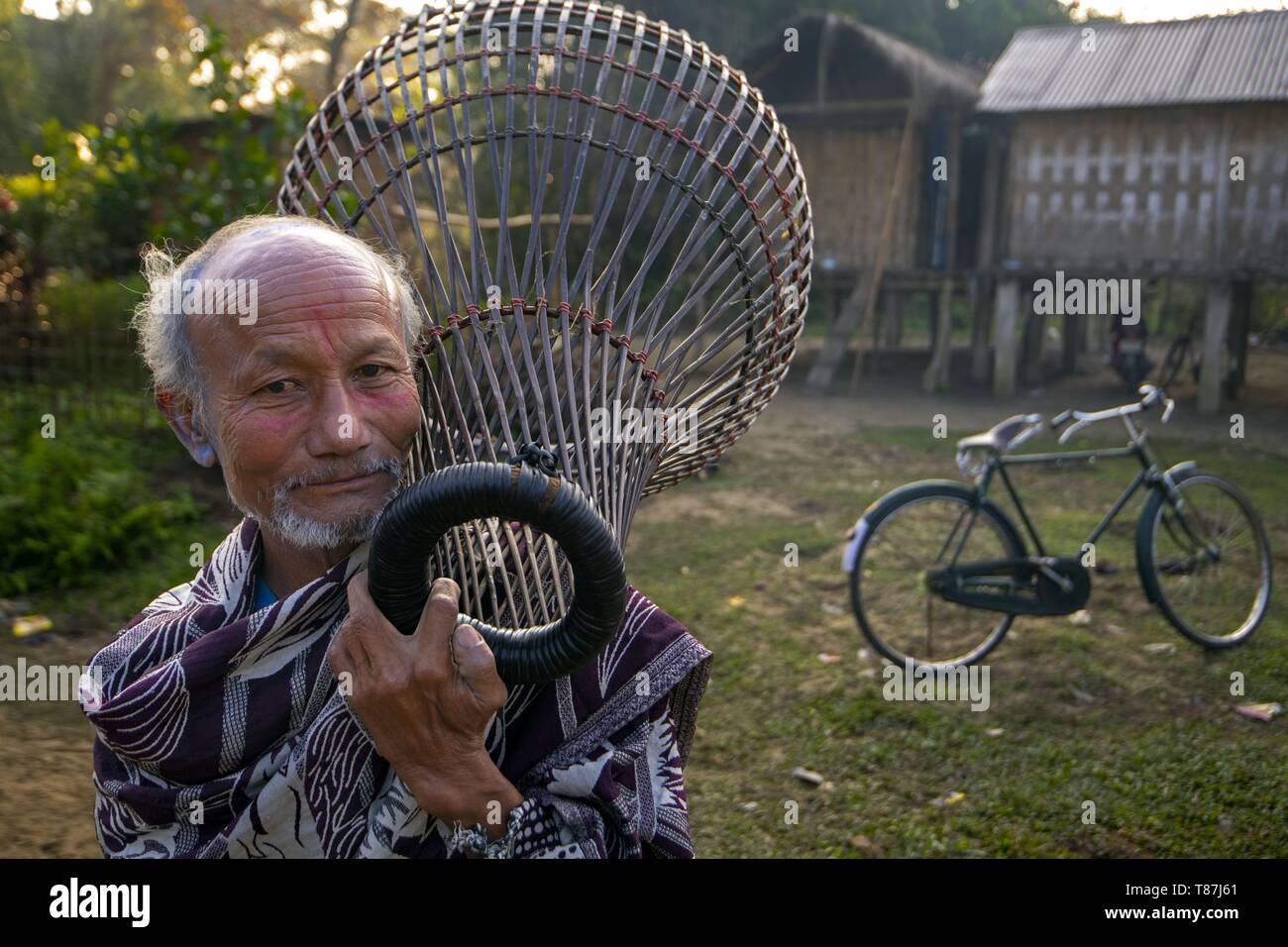 India, Assam, Majuli island on the Brahmapoutre river, fisherman Stock Photo