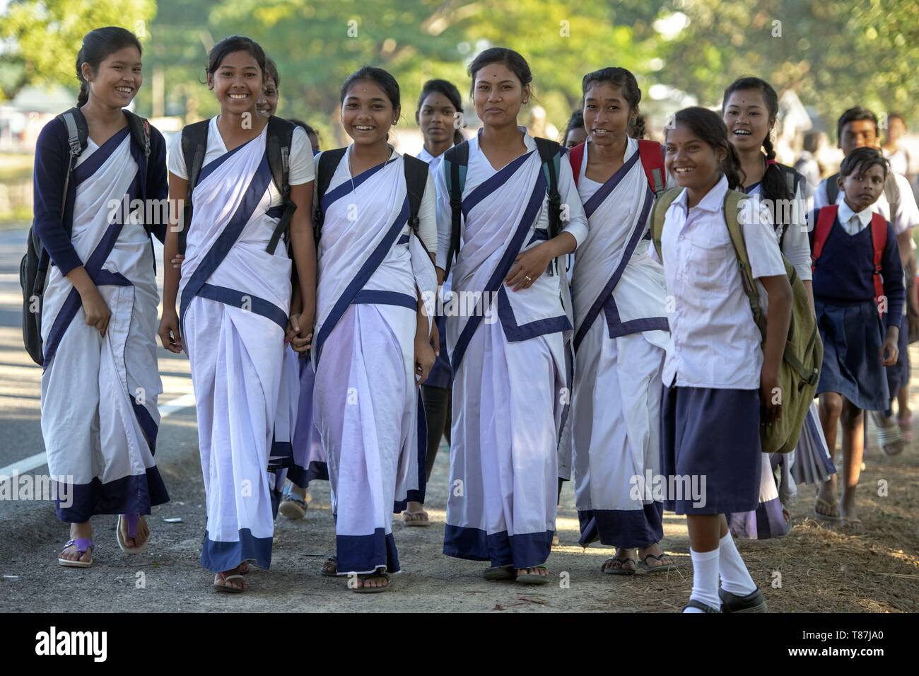 India, Assam, Dergaon, back from highschool Stock Photo