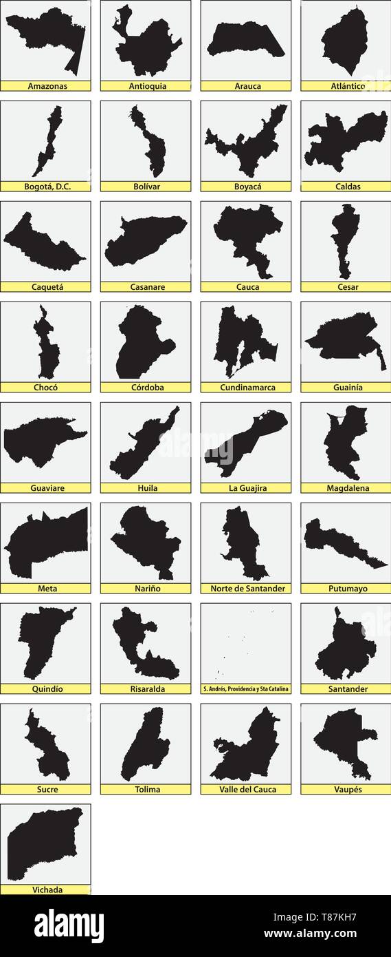 Thirtythree black maps of the Departments of Colombia Stock Vector