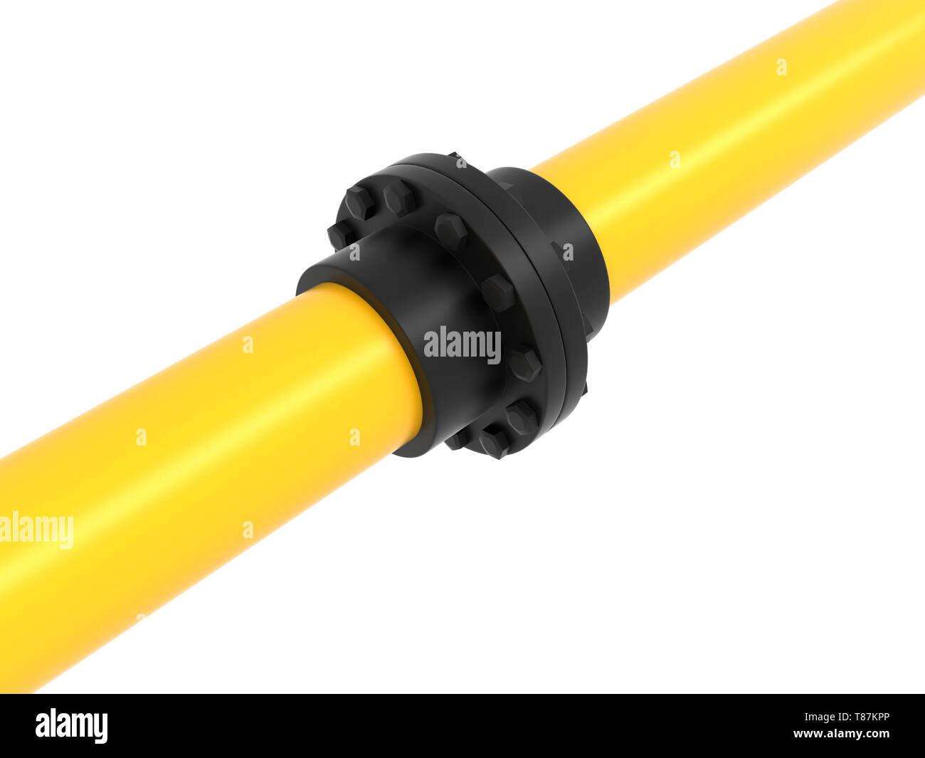 Yellow pipe with black connector. 3d rendering illustration isolated on white background Stock Photo
