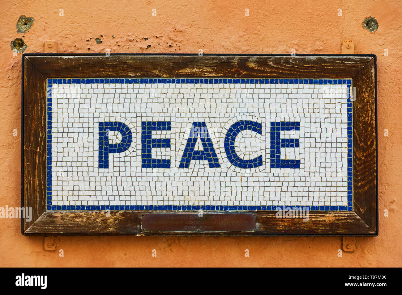 Nicosia, Cyprus - January 25, 2019: Peace sign close-up at the Border Checkpoint Ledra on the Green Line in Nicosia Stock Photo