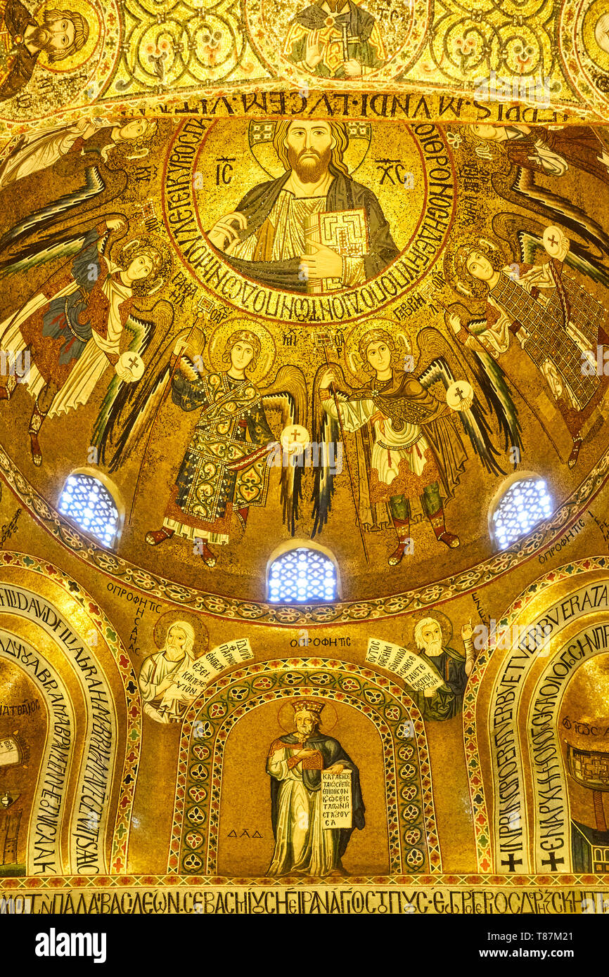 Palermo, Italy - March 19, 2019: Byzantine mosaics in The Palatine Chapel (It. Cappella Palatina) in  the Palazzo Reale in Palermo Stock Photo