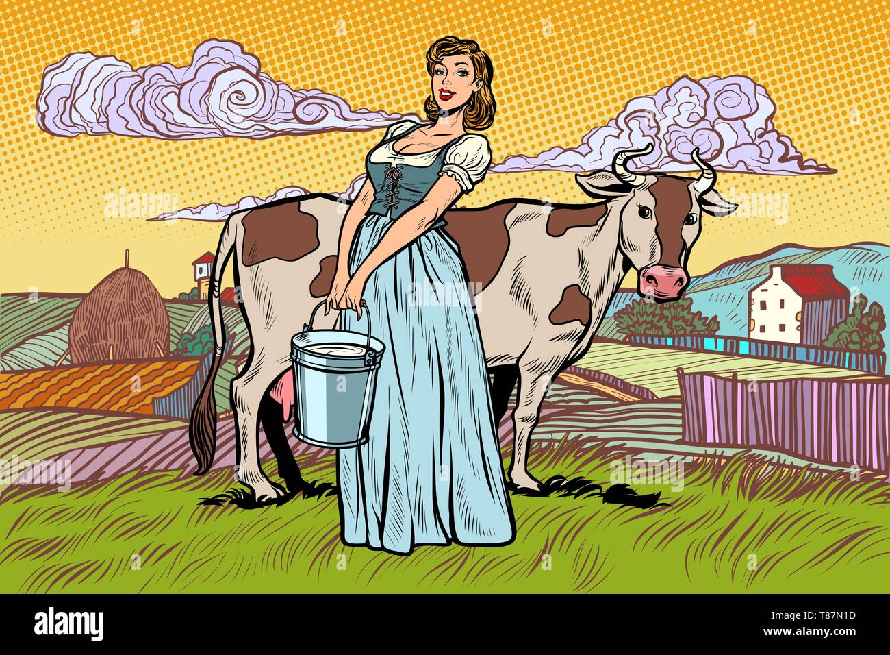 village woman with a bucket of cow milk. farm landscape. Pop art retro vector illustration kitsch vintage Stock Vector