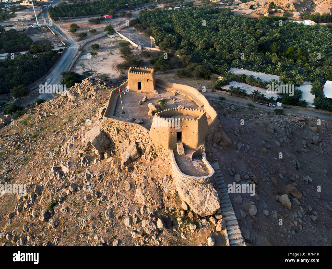 Dhayah Fort in North Ras Khaimah emirate in UAE aerial view Stock Photo