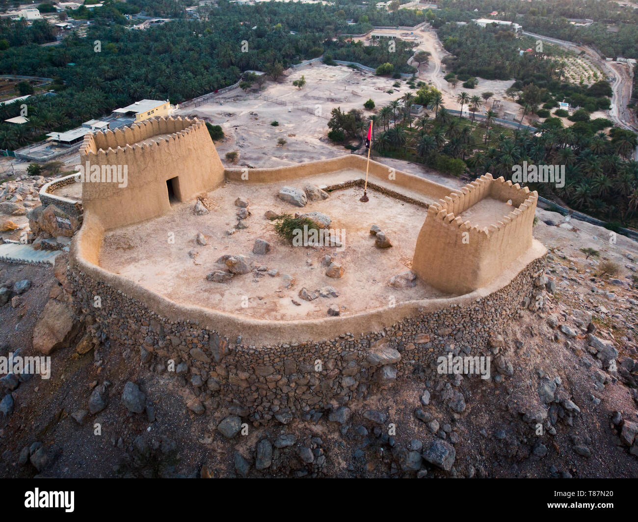 Dhayah Fort in North Ras Khaimah emirate in UAE aerial view Stock Photo