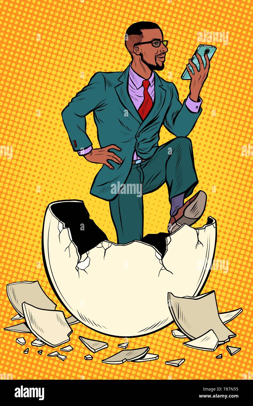 The businessman was born from an egg. Reads news in the smartphone. Pop art retro vector illustration kitsch vintage Stock Vector