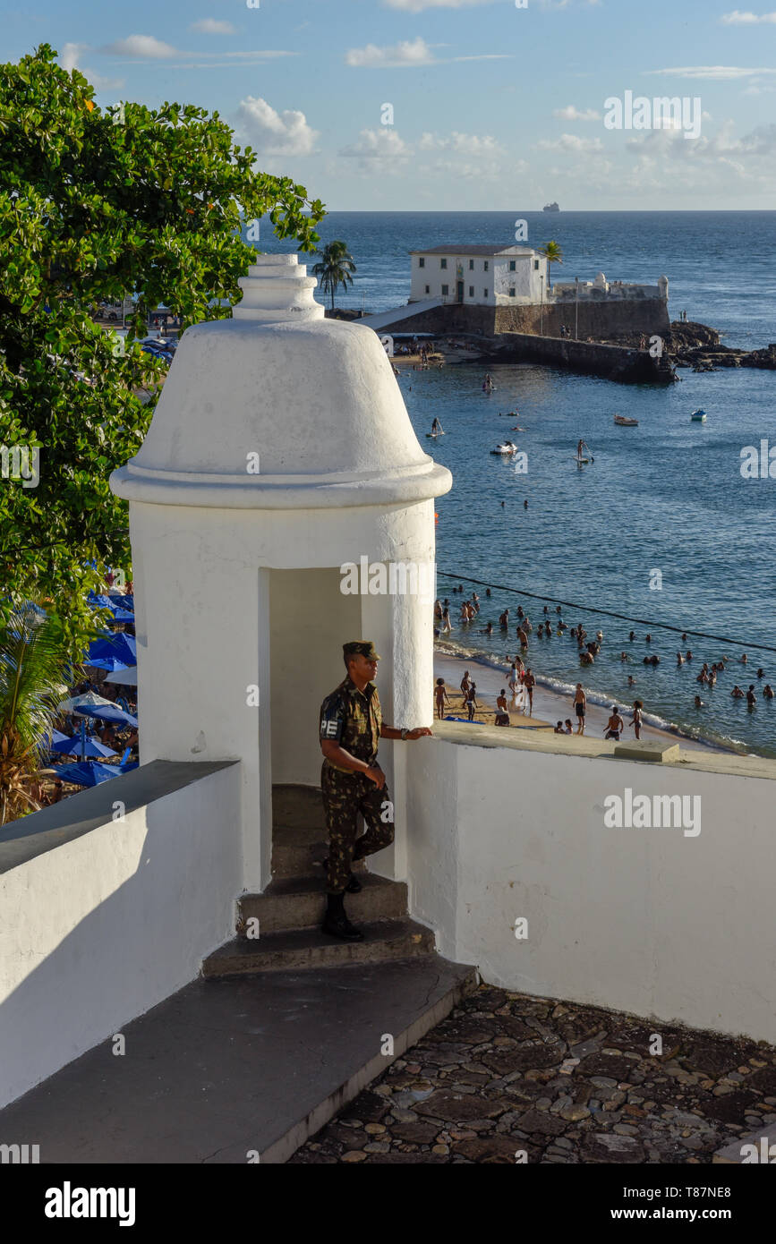Salvador, Brazil - 1 february 2019: Porto da Barra beach and Santa Maria Fort in Salvador Bahia on Brazil Stock Photo