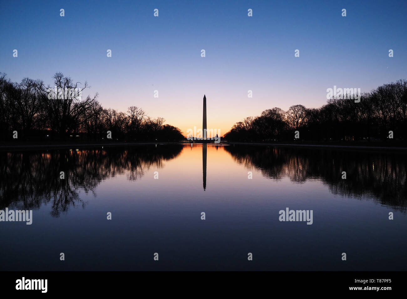 WASHINGTON DC, United States — The Washington Monument before dawn reflects off the glassy water of the Lincoln Memorial Reflecting Pool on the National Mall in Washington DC. Stock Photo